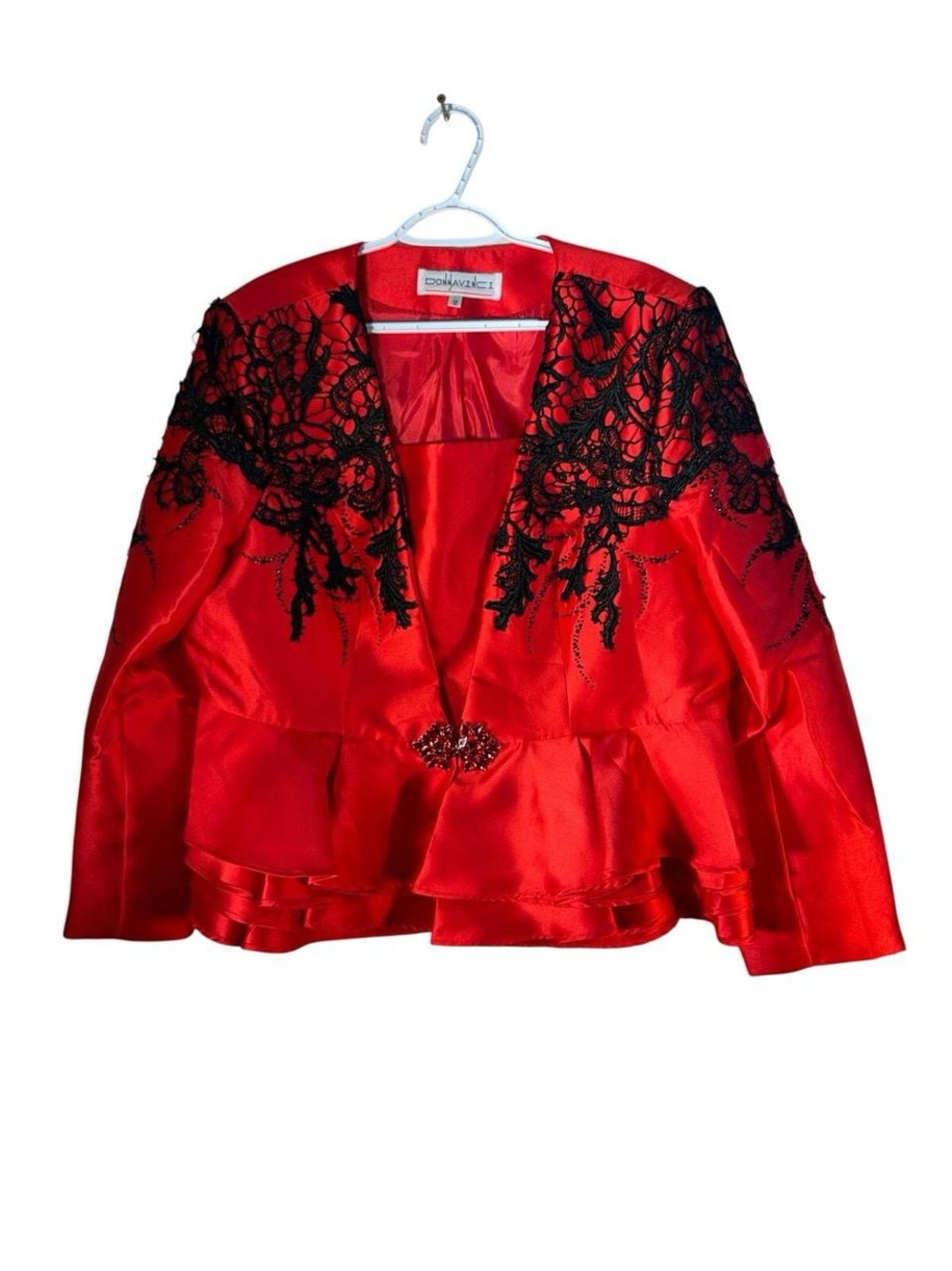 Donnavinci Red Satin Peplum Blazer with Black Lace Detail